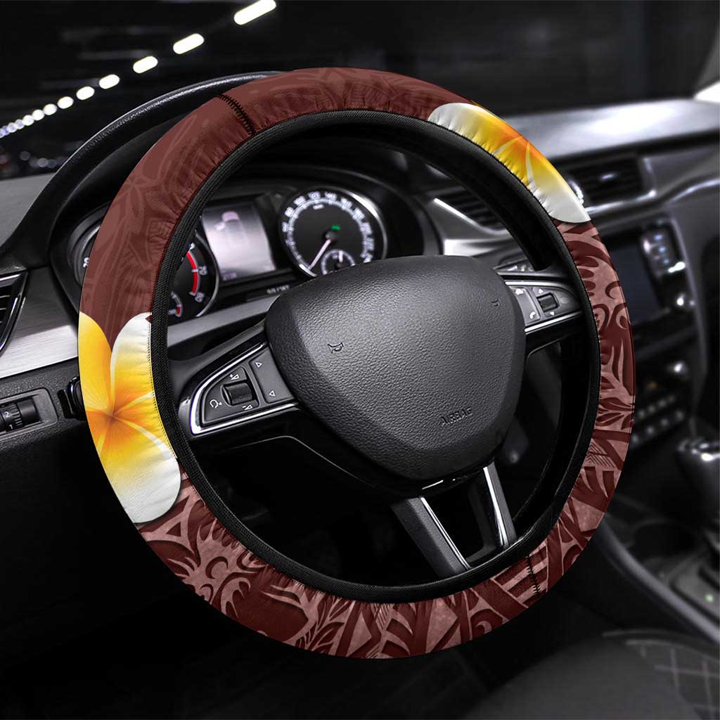 Oxblood Tropical Plumeria With Galaxy Polynesian Art Steering Wheel Cover