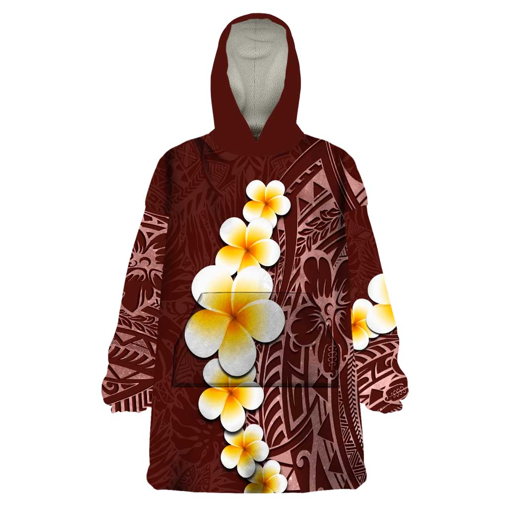 Oxblood Tropical Plumeria With Galaxy Polynesian Art Wearable Blanket Hoodie