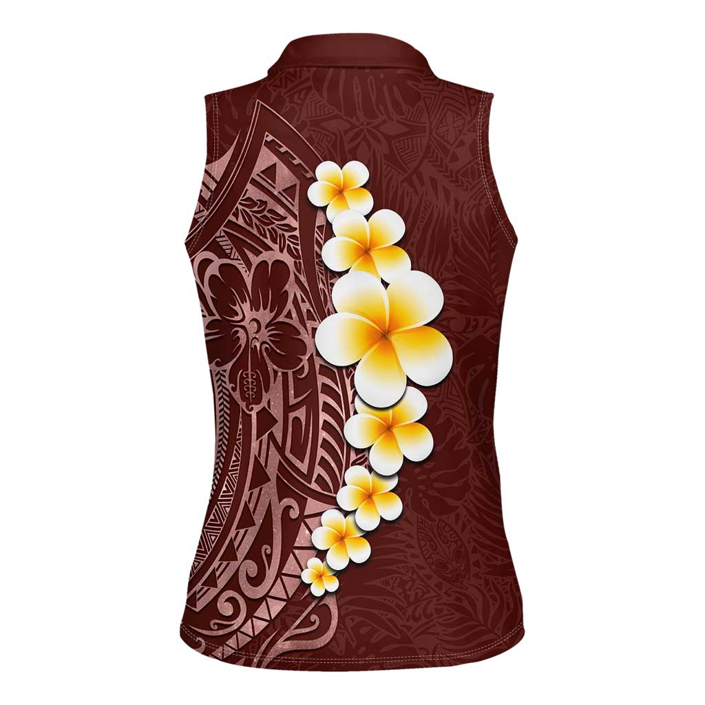 Oxblood Tropical Plumeria With Galaxy Polynesian Art Women Sleeveless Polo Shirt