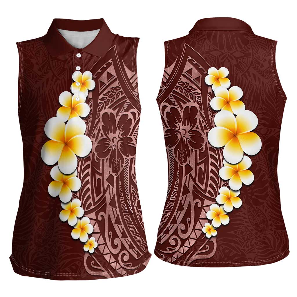 Oxblood Tropical Plumeria With Galaxy Polynesian Art Women Sleeveless Polo Shirt