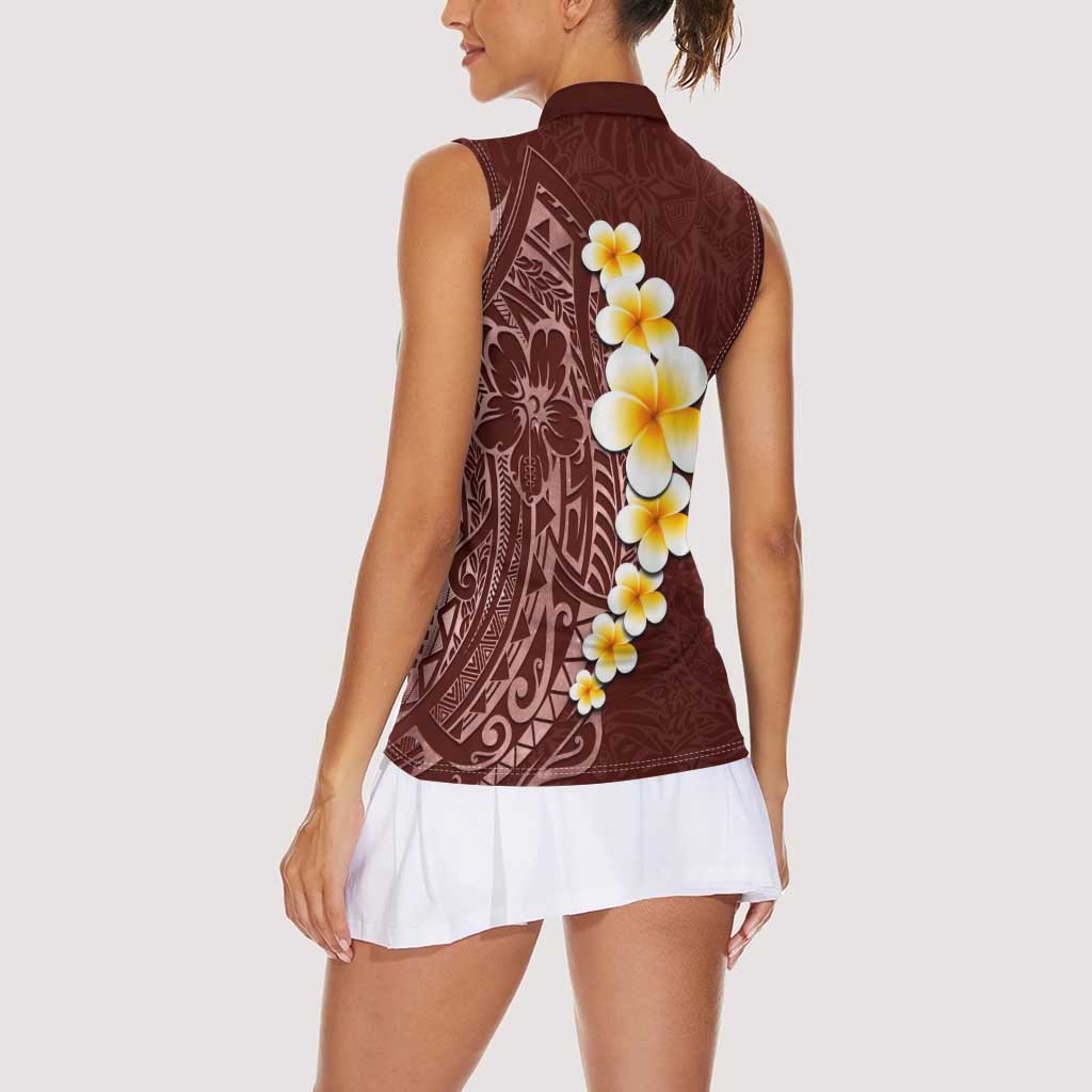 Oxblood Tropical Plumeria With Galaxy Polynesian Art Women Sleeveless Polo Shirt