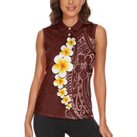 Oxblood Tropical Plumeria With Galaxy Polynesian Art Women Sleeveless Polo Shirt