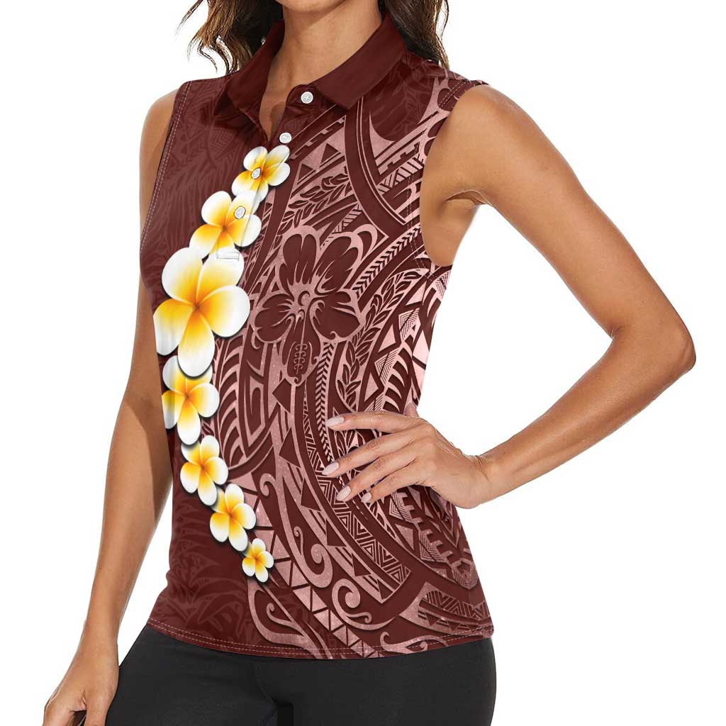 Oxblood Tropical Plumeria With Galaxy Polynesian Art Women Sleeveless Polo Shirt