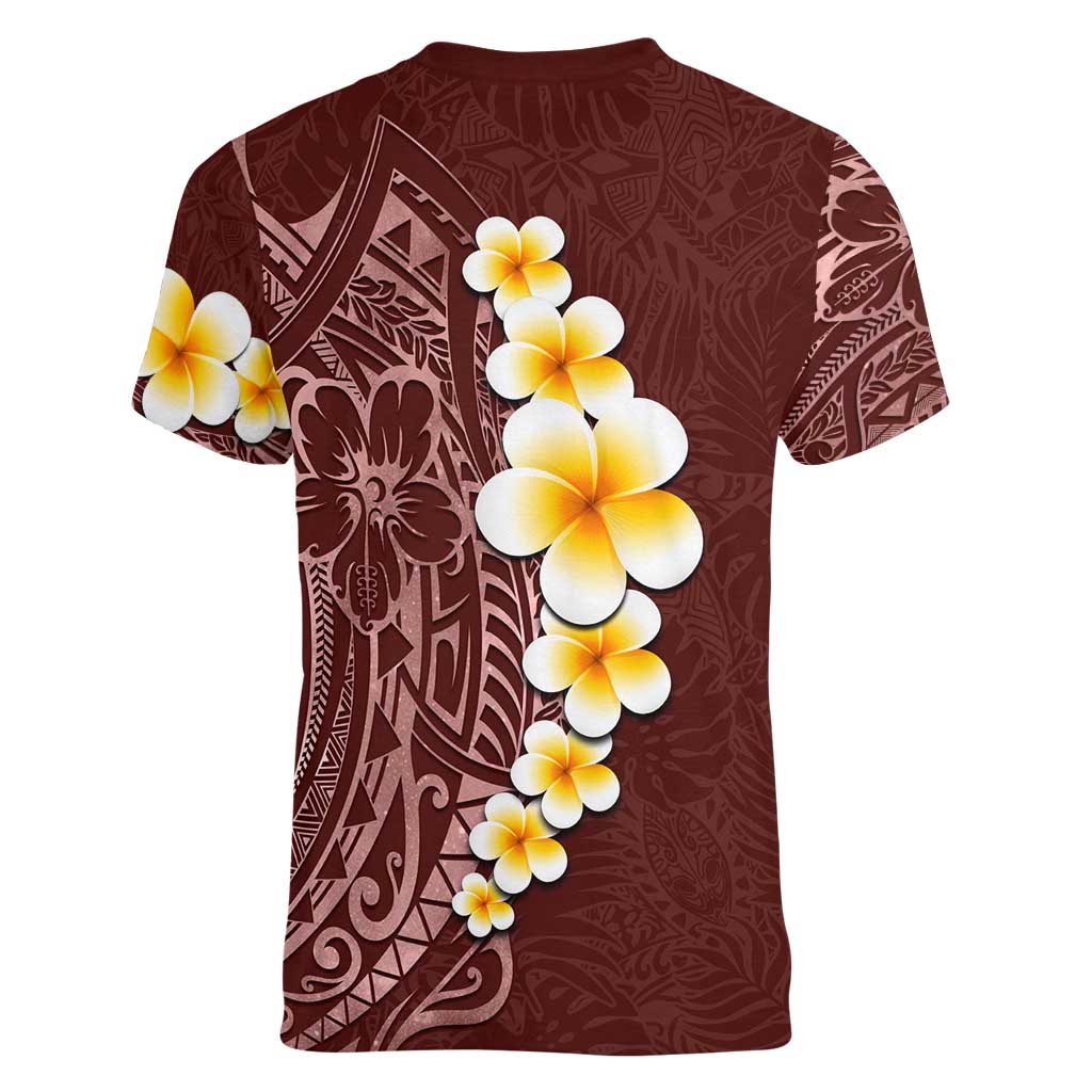 Oxblood Tropical Plumeria With Galaxy Polynesian Art Women V-Neck T-Shirt