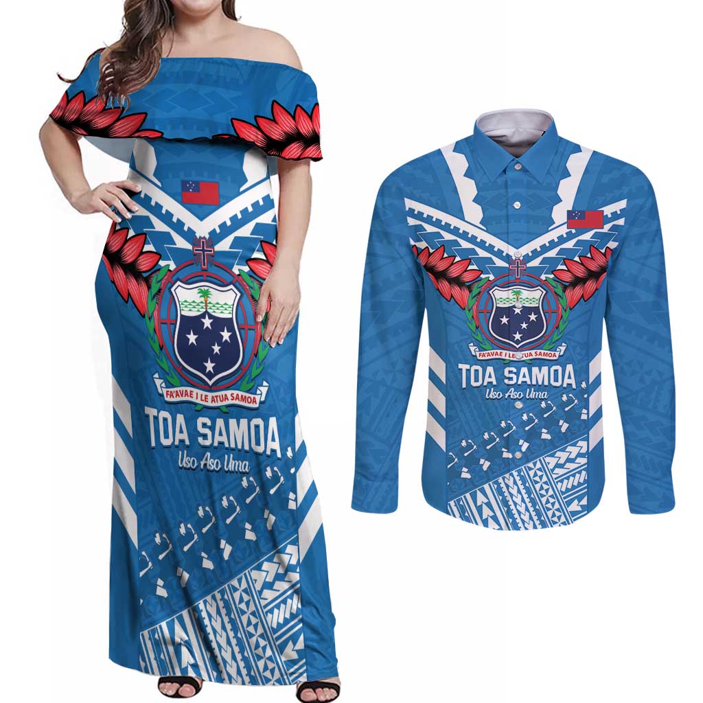 Custom Toa Samoa Rugby Couples Matching Off Shoulder Maxi Dress and Long Sleeve Button Shirt Samoan Siva Tau Uso Aso Uma LT14 Blue - Polynesian Pride
