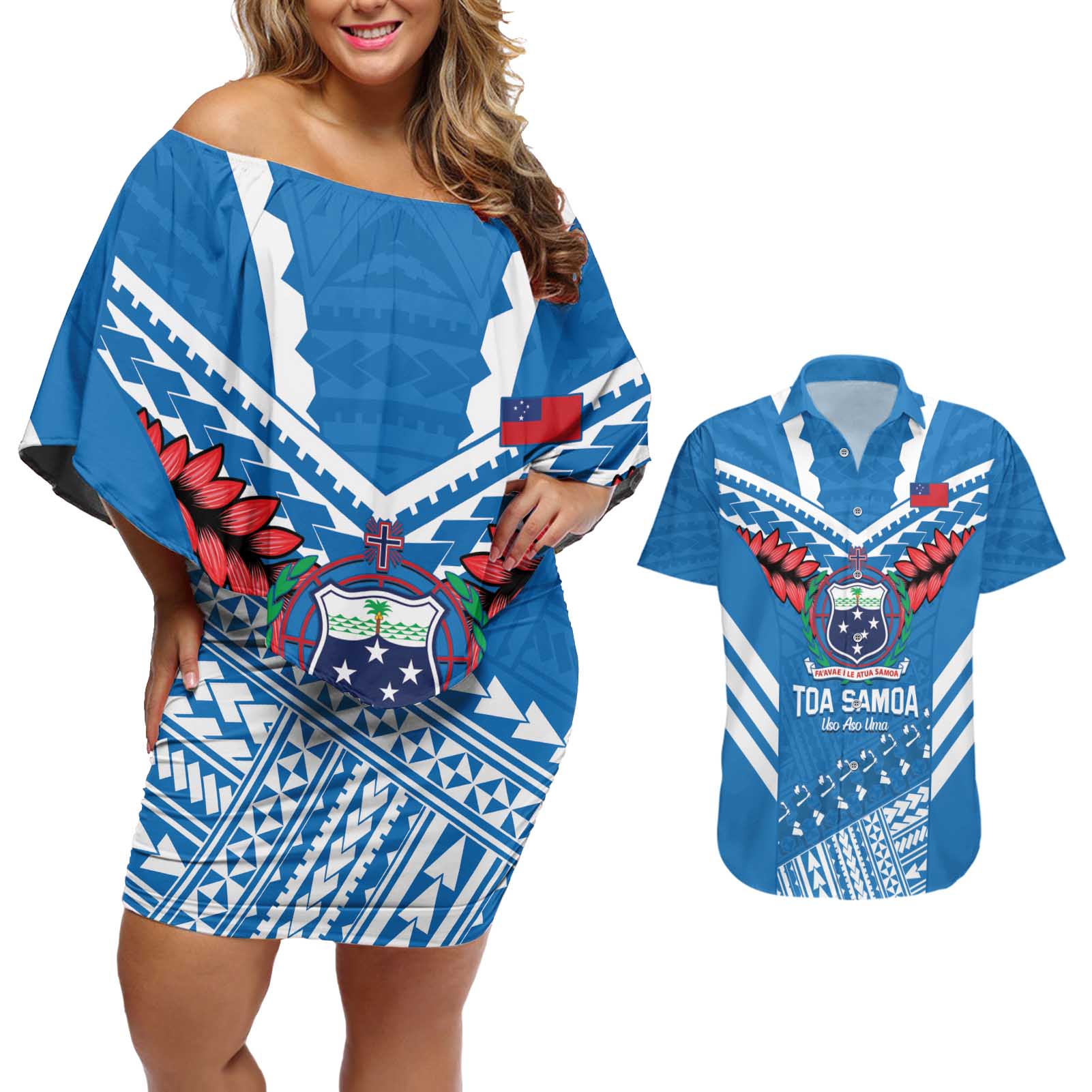 Custom Toa Samoa Rugby Couples Matching Off Shoulder Short Dress and Hawaiian Shirt Samoan Siva Tau Uso Aso Uma
