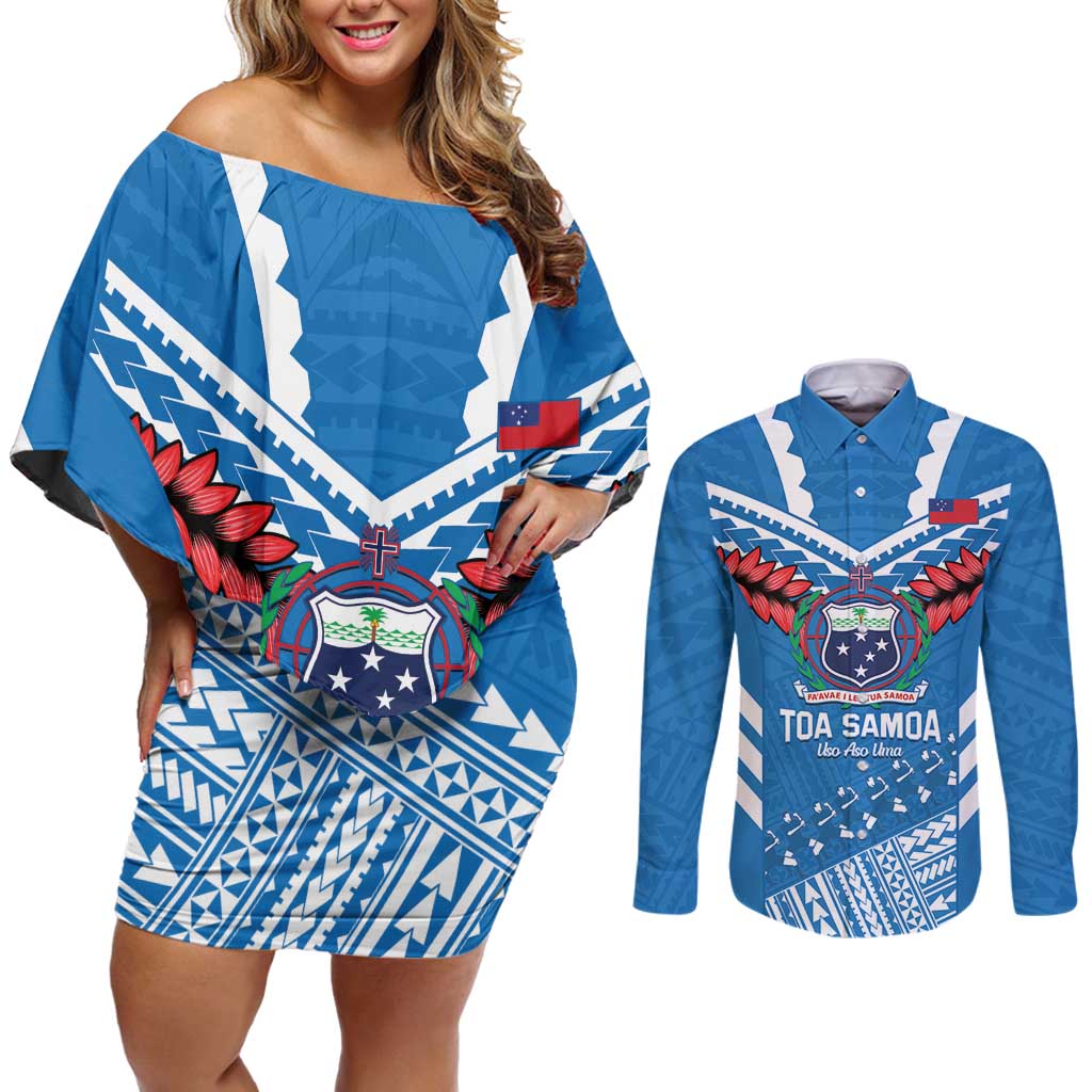 Custom Toa Samoa Rugby Couples Matching Off Shoulder Short Dress and Long Sleeve Button Shirt Samoan Siva Tau Uso Aso Uma