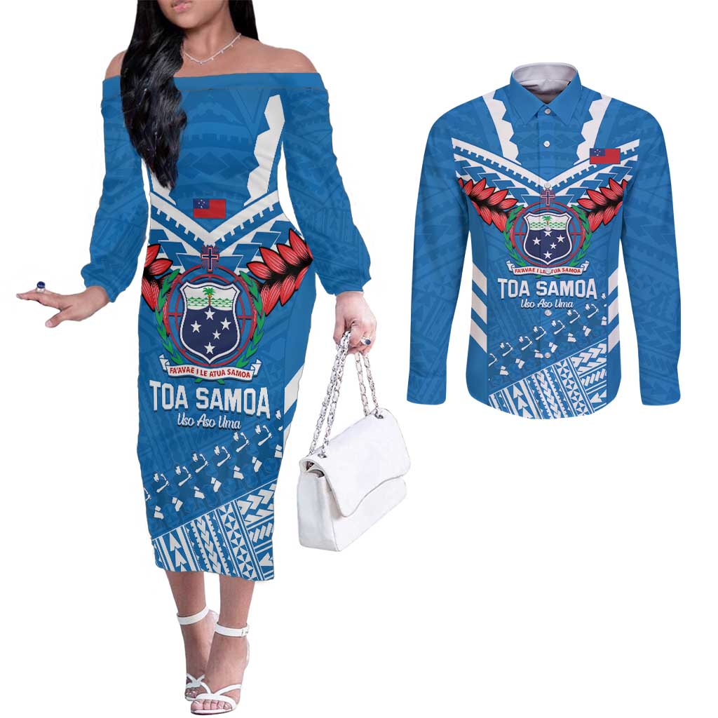 Custom Toa Samoa Rugby Couples Matching Off The Shoulder Long Sleeve Dress and Long Sleeve Button Shirt Samoan Siva Tau Uso Aso Uma