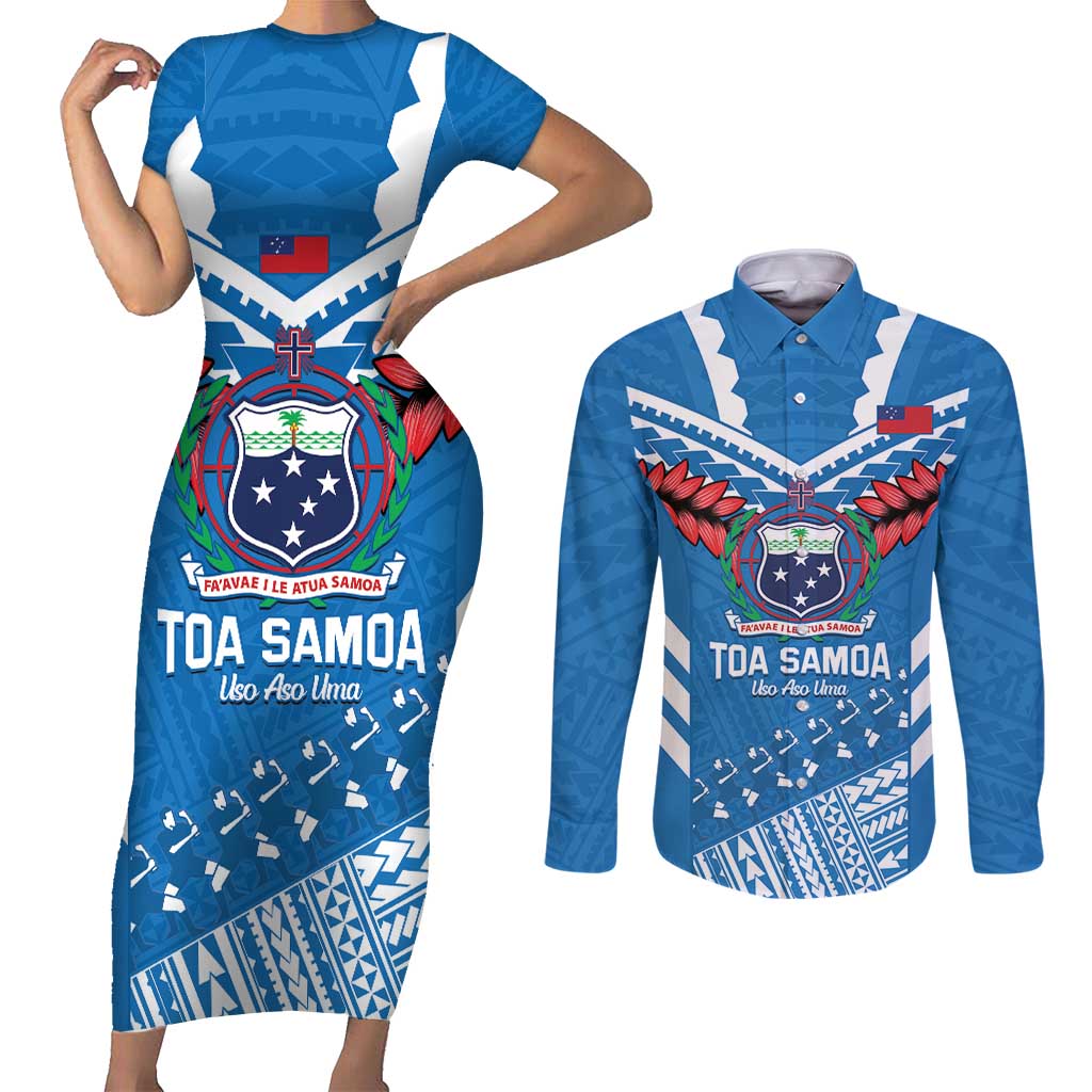 Custom Toa Samoa Rugby Couples Matching Short Sleeve Bodycon Dress and Long Sleeve Button Shirt Samoan Siva Tau Uso Aso Uma