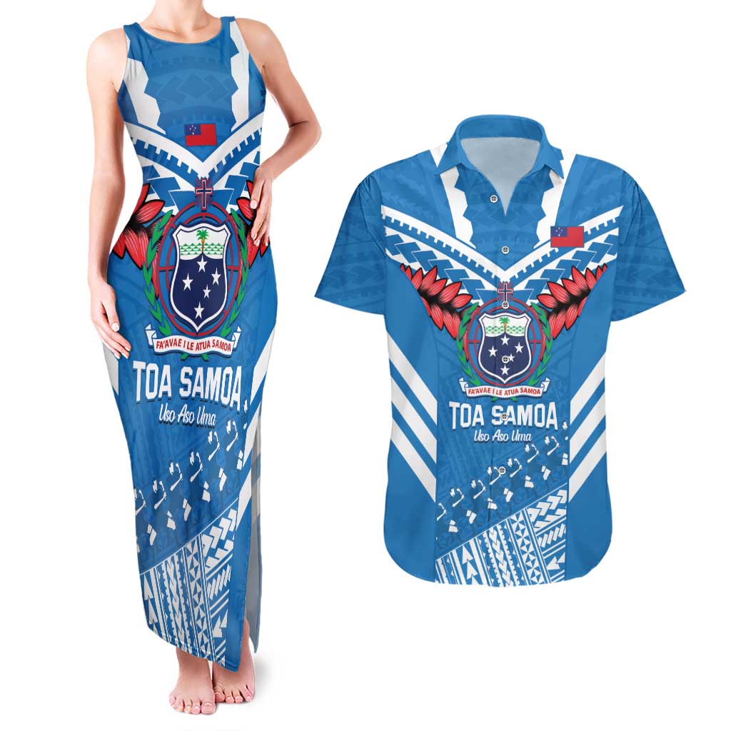 Custom Toa Samoa Rugby Couples Matching Tank Maxi Dress and Hawaiian Shirt Samoan Siva Tau Uso Aso Uma LT14 Blue - Polynesian Pride