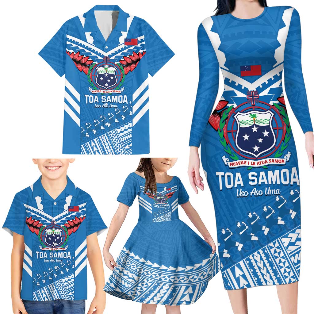 Custom Toa Samoa Rugby Family Matching Long Sleeve Bodycon Dress and Hawaiian Shirt Samoan Siva Tau Uso Aso Uma