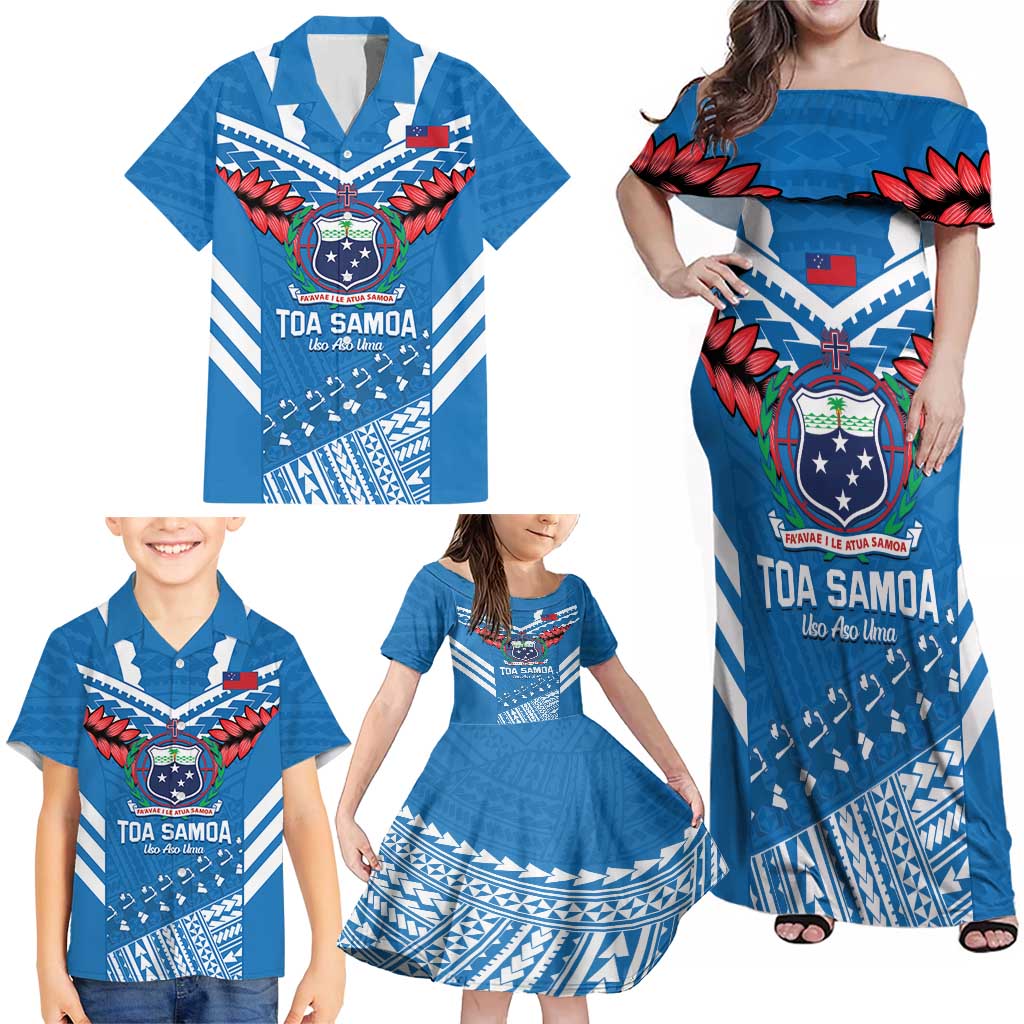Custom Toa Samoa Rugby Family Matching Off Shoulder Maxi Dress and Hawaiian Shirt Samoan Siva Tau Uso Aso Uma