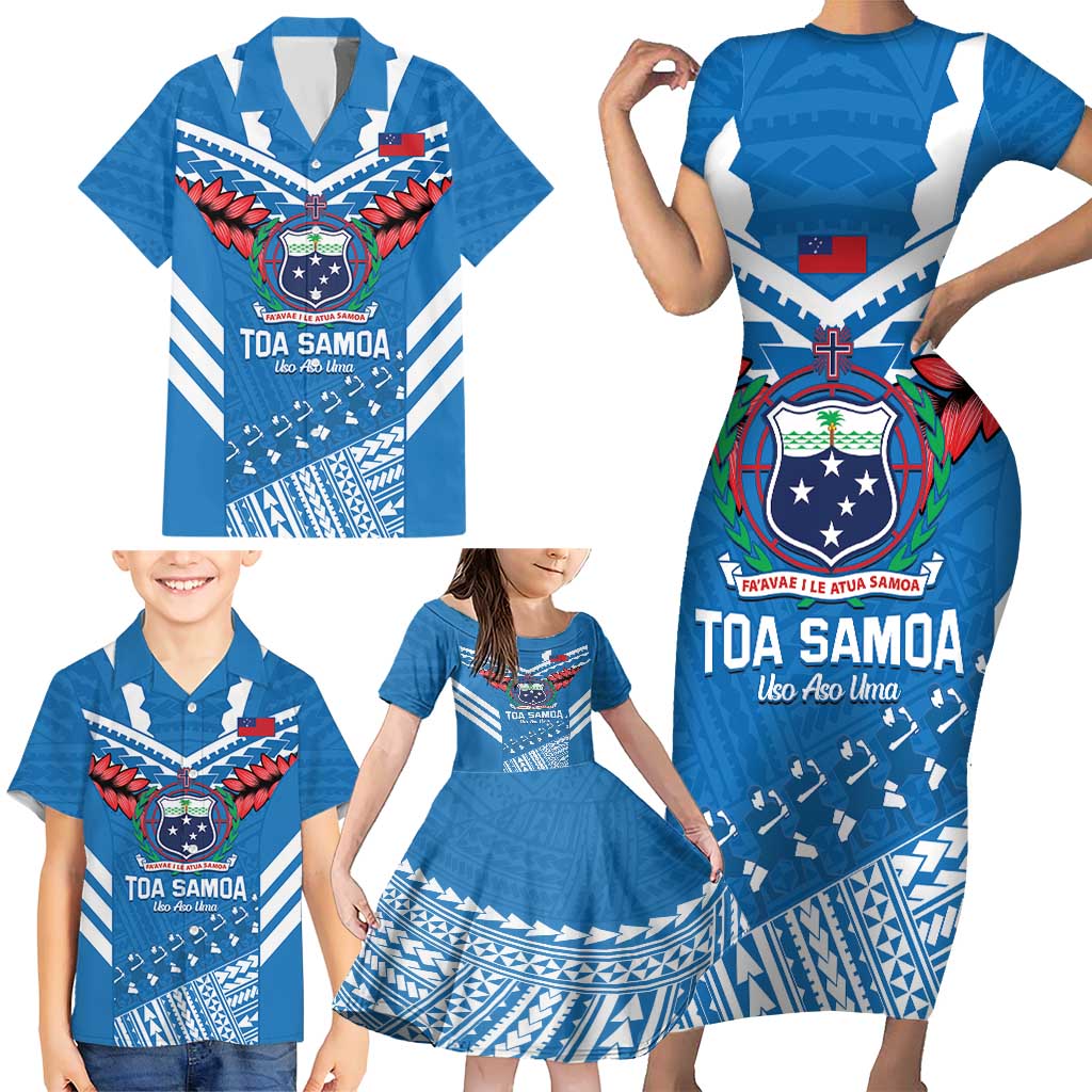 Custom Toa Samoa Rugby Family Matching Short Sleeve Bodycon Dress and Hawaiian Shirt Samoan Siva Tau Uso Aso Uma