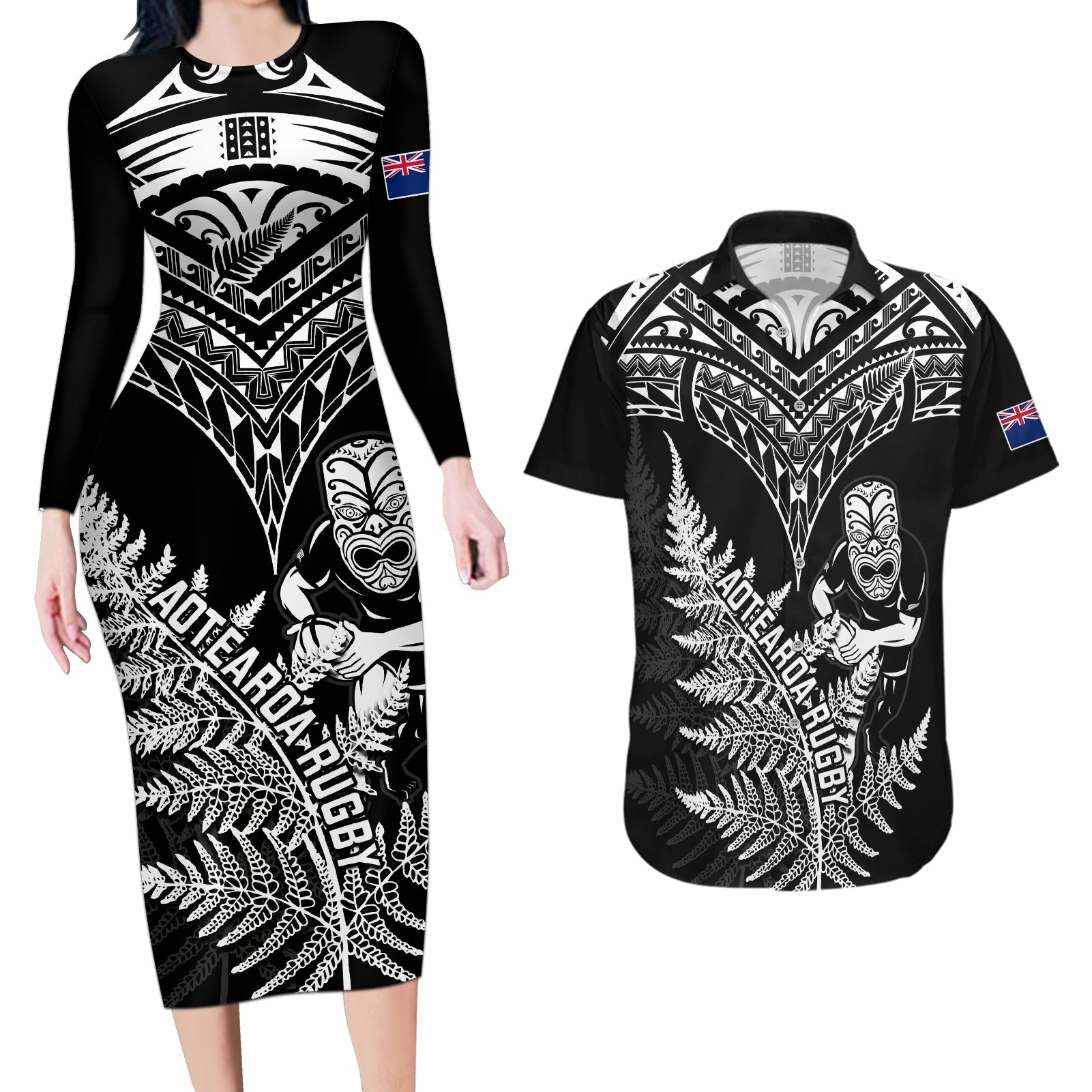 New Zealand Silver Fern Rugby Couples Matching Long Sleeve Bodycon Dress and Hawaiian Shirt Go All Black 2023 World Cup LT14 Black - Polynesian Pride