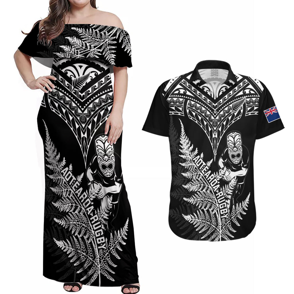 New Zealand Silver Fern Rugby Couples Matching Off Shoulder Maxi Dress and Hawaiian Shirt Go All Black 2023 World Cup LT14 Black - Polynesian Pride