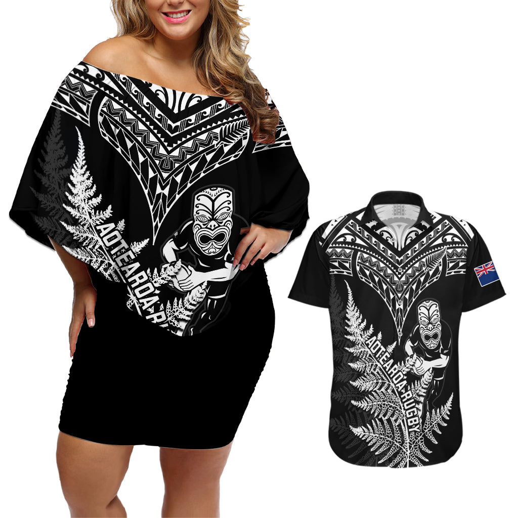 New Zealand Silver Fern Rugby Couples Matching Off Shoulder Short Dress and Hawaiian Shirt Go All Black 2023 World Cup LT14 Black - Polynesian Pride