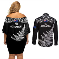 New Zealand Silver Fern Rugby Couples Matching Off Shoulder Short Dress and Long Sleeve Button Shirts Go All Black 2023 World Cup LT14 - Polynesian Pride
