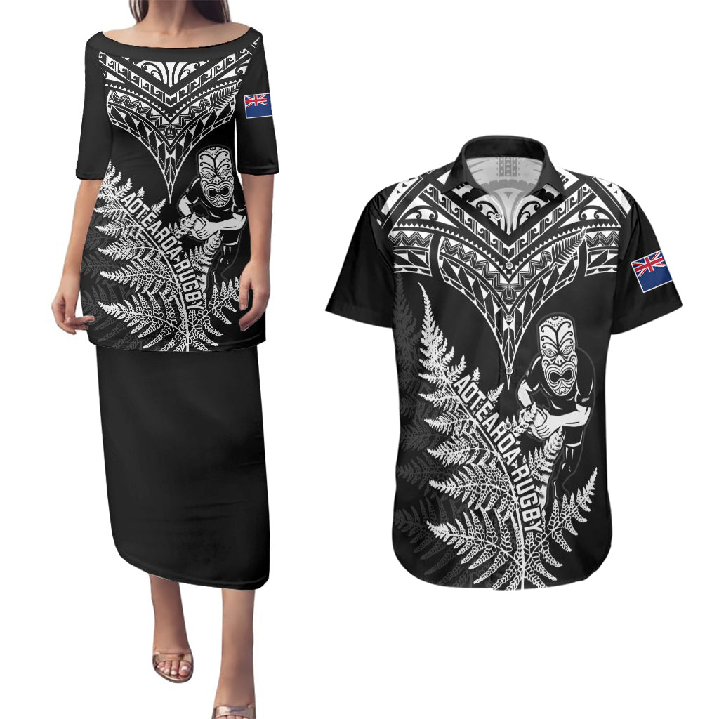 New Zealand Silver Fern Rugby Couples Matching Puletasi Dress and Hawaiian Shirt Go All Black 2023 World Cup LT14 Black - Polynesian Pride