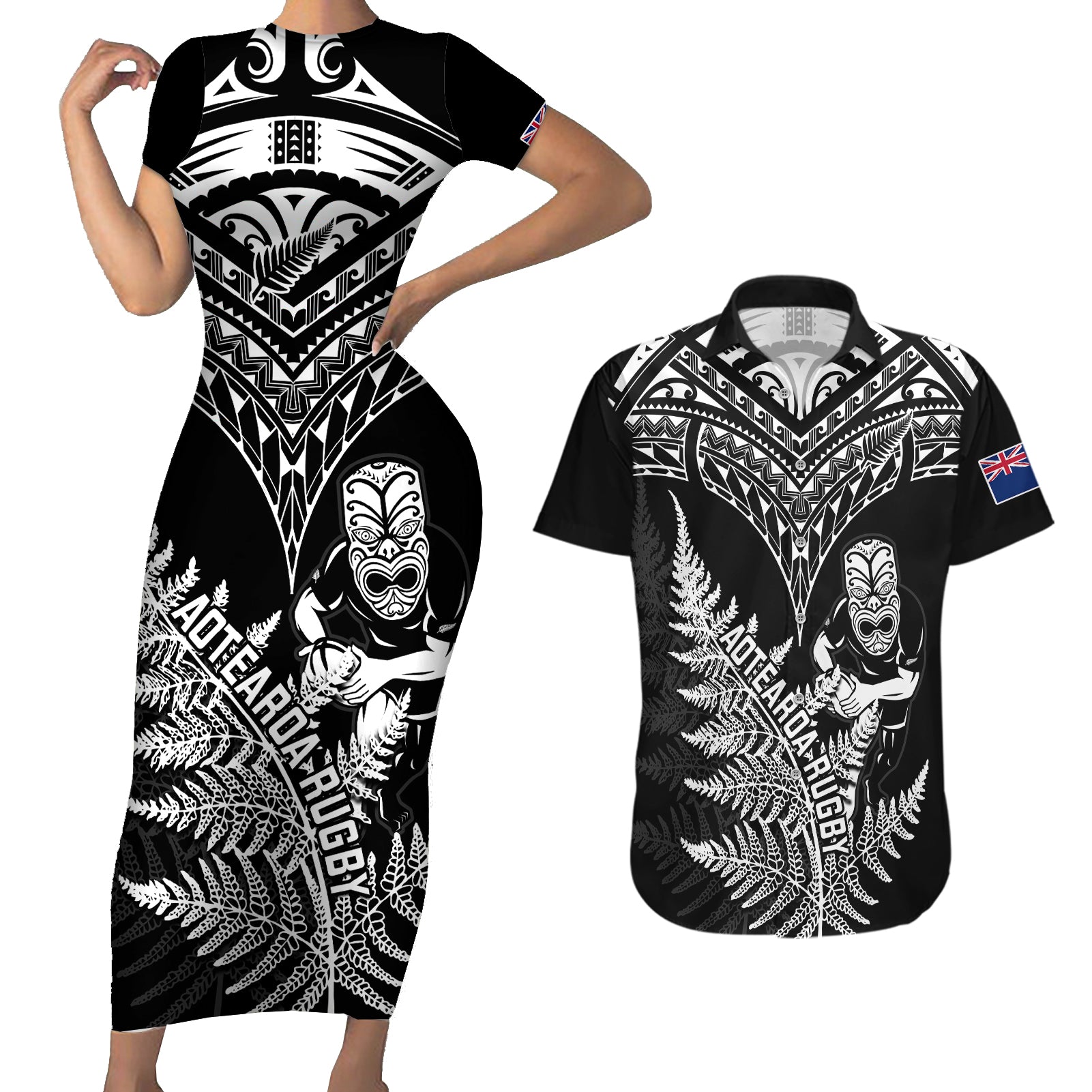 New Zealand Silver Fern Rugby Couples Matching Short Sleeve Bodycon Dress and Hawaiian Shirt Go All Black 2023 World Cup LT14 Black - Polynesian Pride