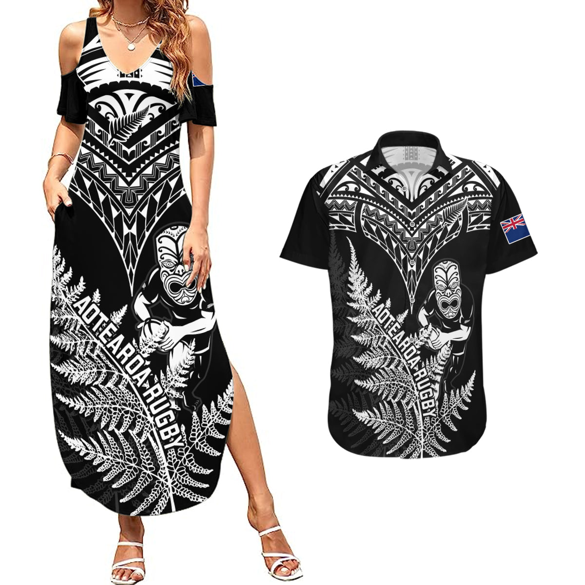 New Zealand Silver Fern Rugby Couples Matching Summer Maxi Dress and Hawaiian Shirt Go All Black 2023 World Cup LT14 Black - Polynesian Pride