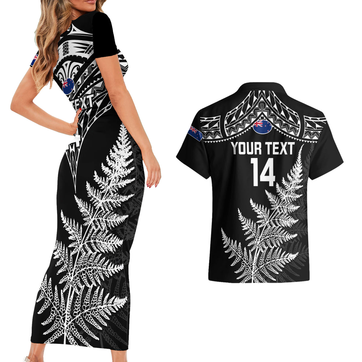 Personalised New Zealand Silver Fern Rugby Couples Matching Short Sleeve Bodycon Dress and Hawaiian Shirt Go All Black 2023 World Cup LT14 - Polynesian Pride