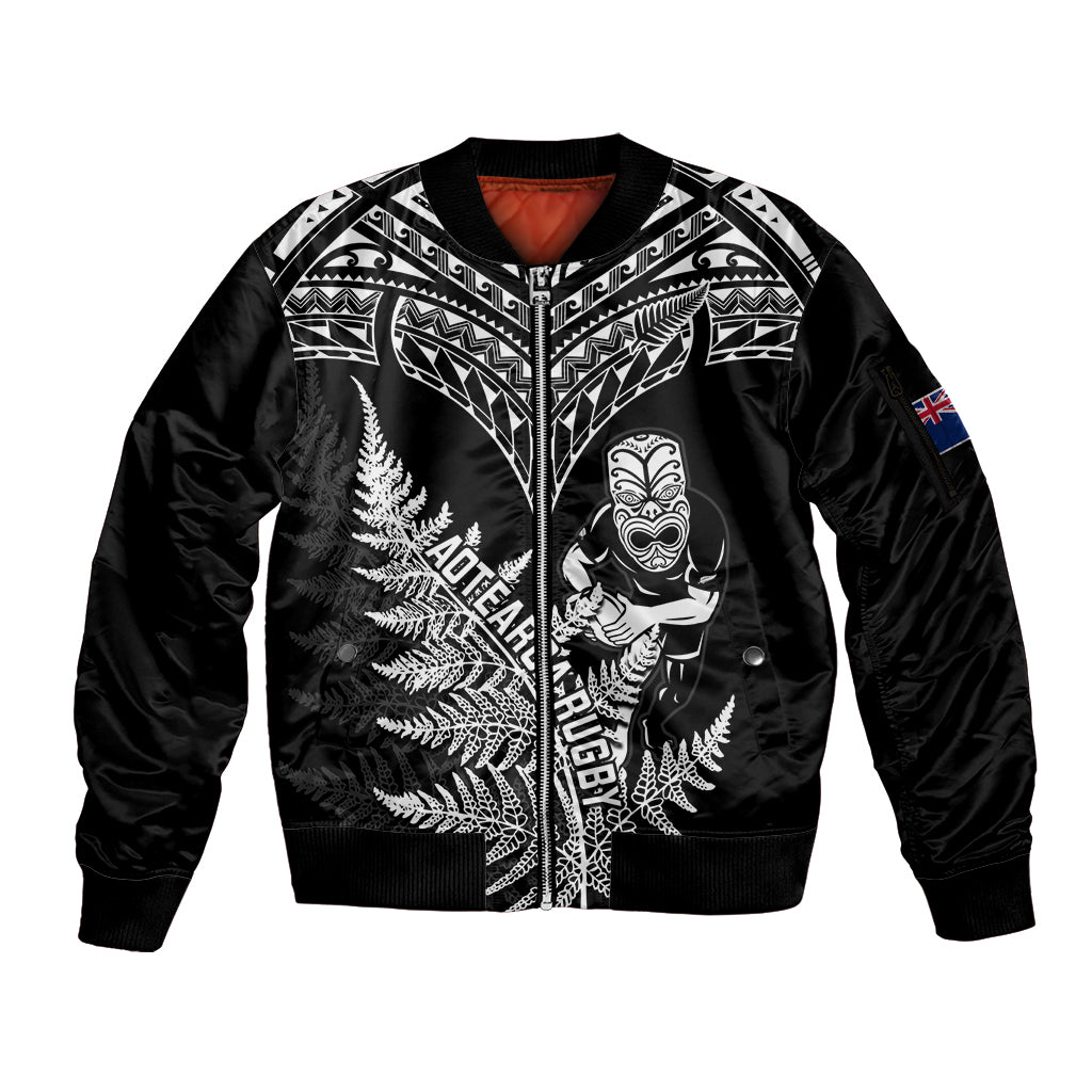 Personalised New Zealand Silver Fern Rugby Sleeve Zip Bomber Jacket Go All Black 2023 World Cup LT14 Unisex Black - Polynesian Pride