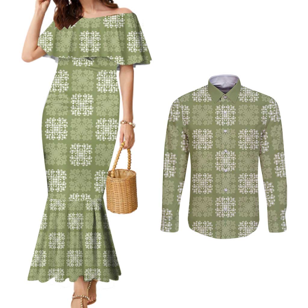 Vesuvian Green Palaka Quilt Hawaii Couples Matching Mermaid Dress and Long Sleeve Button Shirt Traditional Hawaii-plaid Pattern - Polynesian Pride