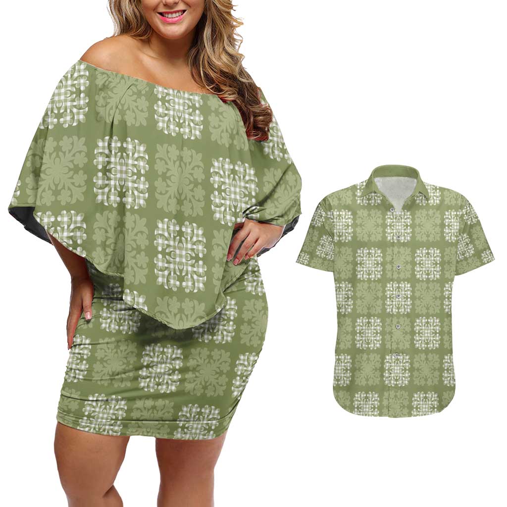 Vesuvian Green Palaka Quilt Hawaii Couples Matching Off Shoulder Short Dress and Hawaiian Shirt Traditional Hawaii-plaid Pattern - Polynesian Pride