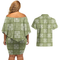 Vesuvian Green Palaka Quilt Hawaii Couples Matching Off Shoulder Short Dress and Hawaiian Shirt Traditional Hawaii-plaid Pattern - Polynesian Pride