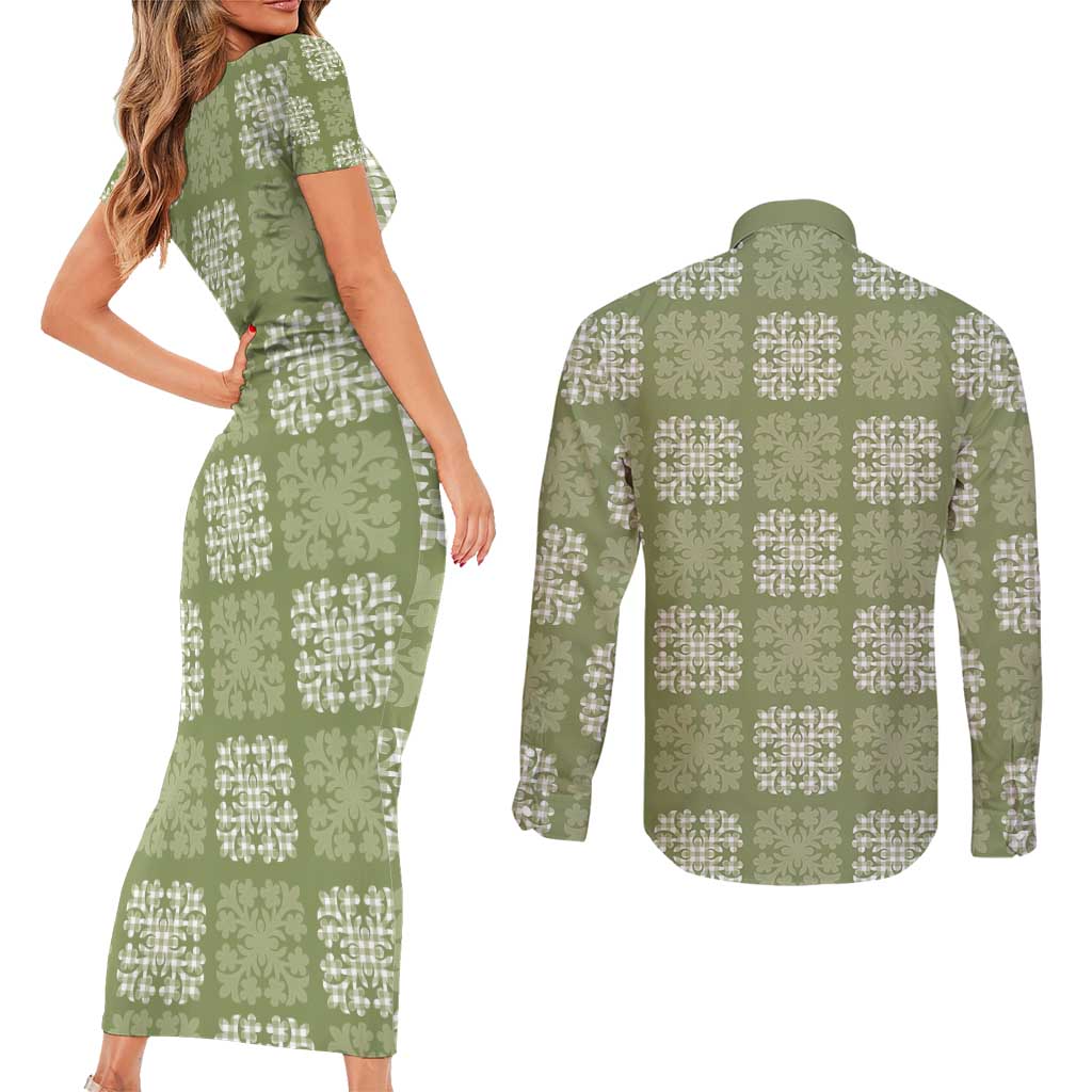 Vesuvian Green Palaka Quilt Hawaii Couples Matching Short Sleeve Bodycon Dress and Long Sleeve Button Shirt Traditional Hawaii-plaid Pattern - Polynesian Pride