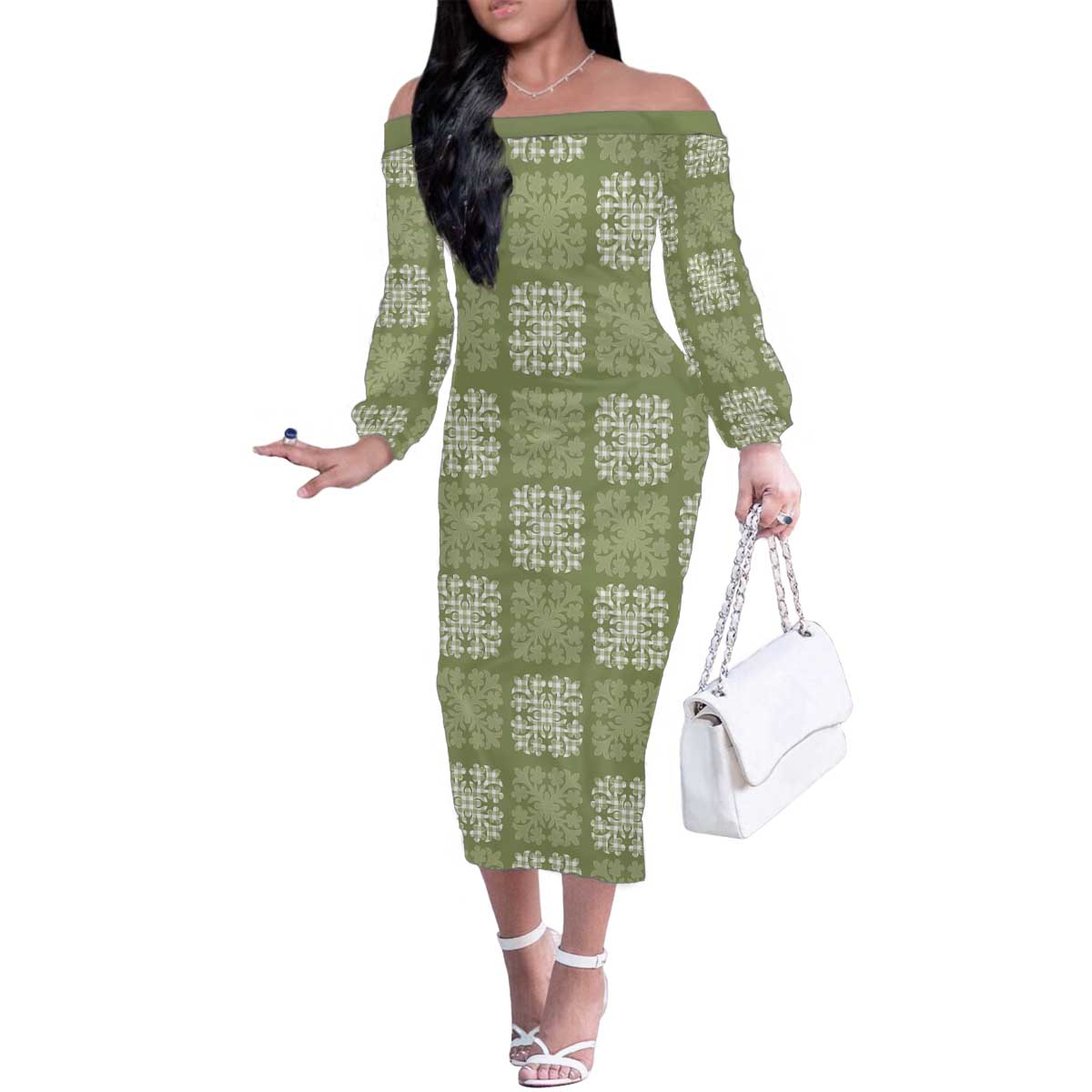 Vesuvian Green Palaka Quilt Hawaii Family Matching Off The Shoulder Long Sleeve Dress and Hawaiian Shirt Traditional Hawaii-plaid Pattern - Polynesian Pride