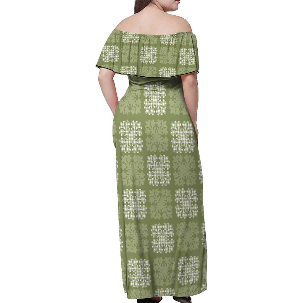 Vesuvian Green Palaka Quilt Hawaii Family Matching Off Shoulder Maxi Dress and Hawaiian Shirt Traditional Hawaii-plaid Pattern - Polynesian Pride