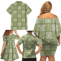 Vesuvian Green Palaka Quilt Hawaii Family Matching Off Shoulder Short Dress and Hawaiian Shirt Traditional Hawaii-plaid Pattern - Polynesian Pride