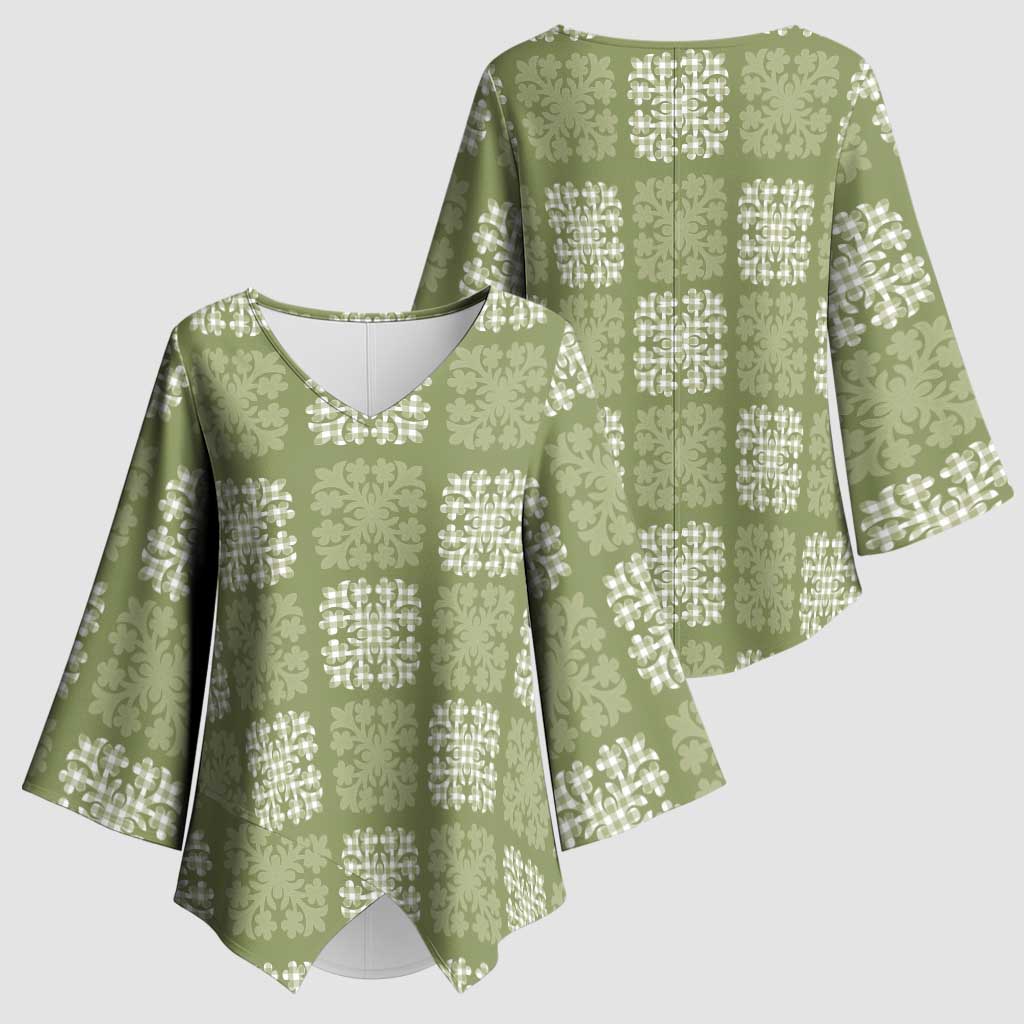 Vesuvian Green Palaka Quilt Hawaii Kimono Sleeve Blouse Traditional Hawaii-plaid Pattern - Polynesian Pride