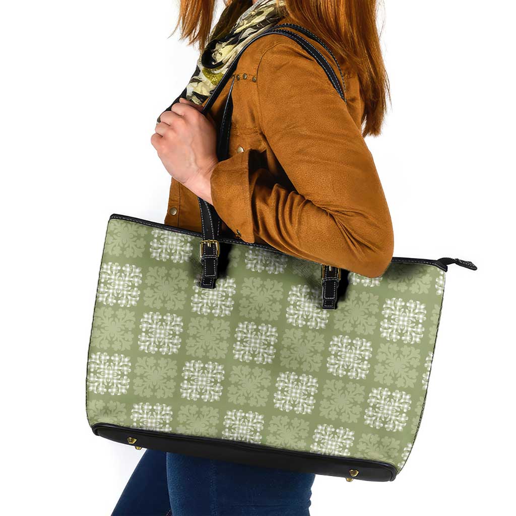 Vesuvian Green Palaka Quilt Hawaii Leather Tote Bag Traditional Hawaii-plaid Pattern - Polynesian Pride