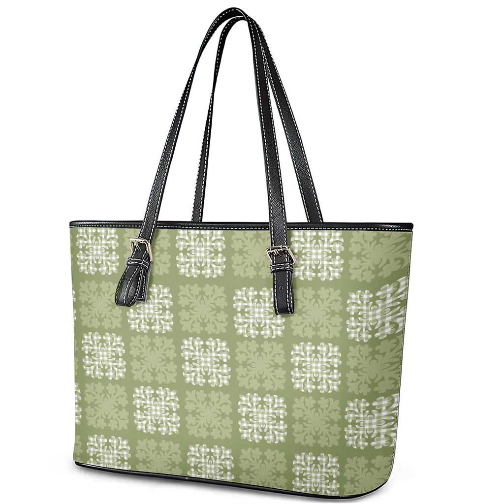 Vesuvian Green Palaka Quilt Hawaii Leather Tote Bag Traditional Hawaii-plaid Pattern - Polynesian Pride