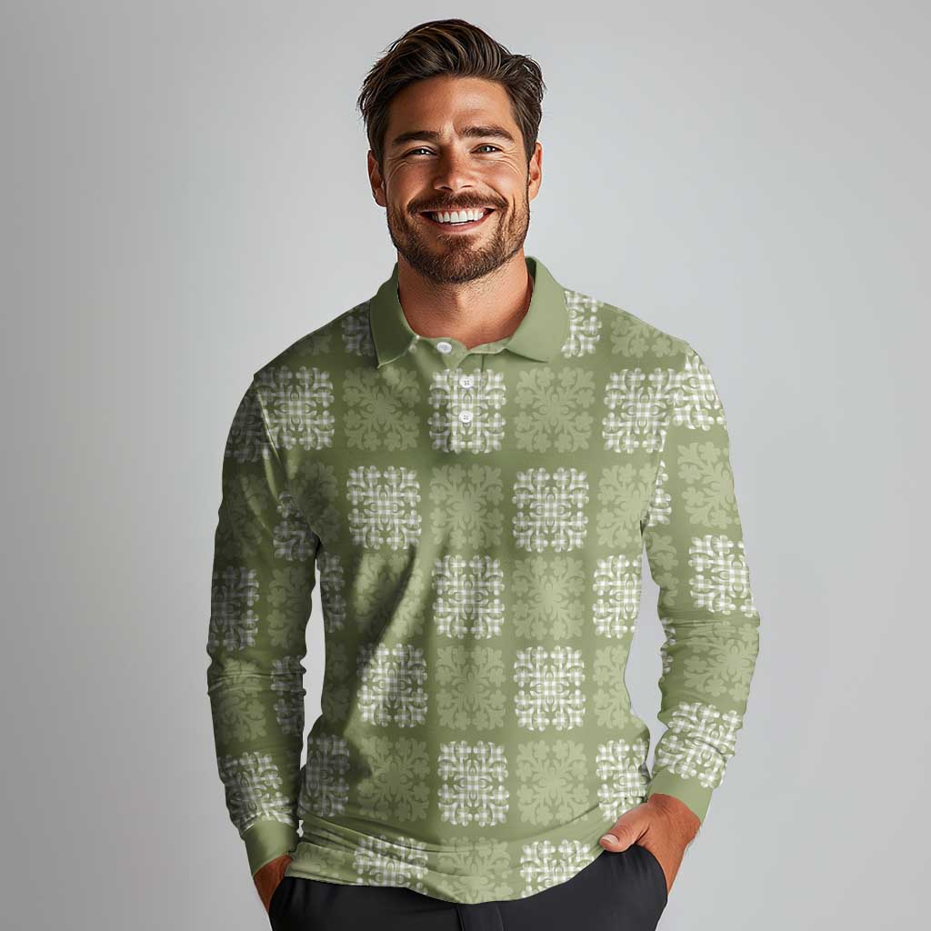 Vesuvian Green Palaka Quilt Hawaii Long Sleeve Polo Shirt Traditional Hawaii-plaid Pattern - Polynesian Pride