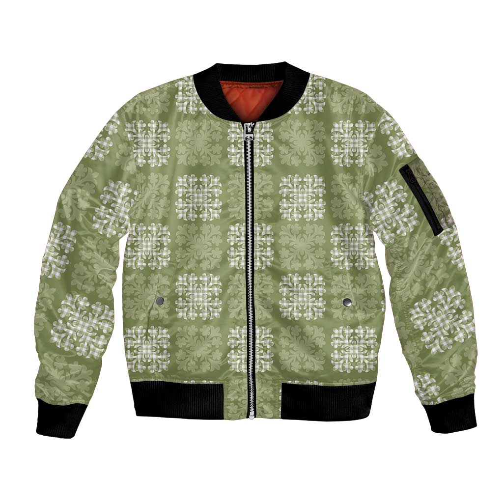 Vesuvian Green Palaka Quilt Hawaii Sleeve Zip Bomber Jacket Traditional Hawaii-plaid Pattern - Polynesian Pride