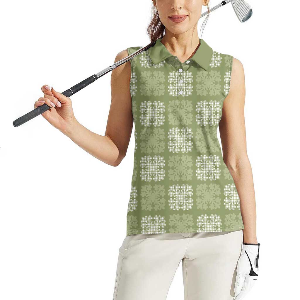 Vesuvian Green Palaka Quilt Hawaii Women Sleeveless Polo Shirt Traditional Hawaii-plaid Pattern - Polynesian Pride