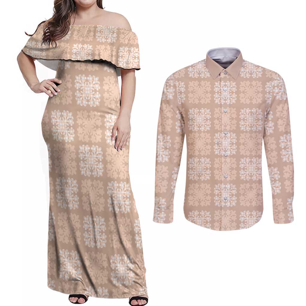 Beige Palaka Quilt Hawaii Couples Matching Off Shoulder Maxi Dress and Long Sleeve Button Shirt Traditional Hawaii-plaid Pattern - Polynesian Pride
