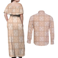 Beige Palaka Quilt Hawaii Couples Matching Off Shoulder Maxi Dress and Long Sleeve Button Shirt Traditional Hawaii-plaid Pattern - Polynesian Pride