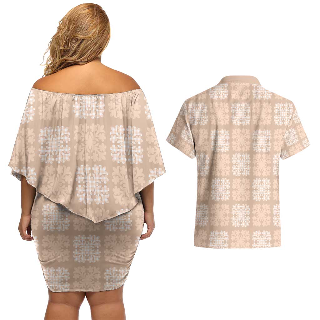 Beige Palaka Quilt Hawaii Couples Matching Off Shoulder Short Dress and Hawaiian Shirt Traditional Hawaii-plaid Pattern - Polynesian Pride