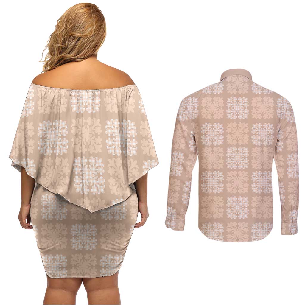 Beige Palaka Quilt Hawaii Couples Matching Off Shoulder Short Dress and Long Sleeve Button Shirt Traditional Hawaii-plaid Pattern - Polynesian Pride