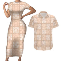 Beige Palaka Quilt Hawaii Couples Matching Short Sleeve Bodycon Dress and Hawaiian Shirt Traditional Hawaii-plaid Pattern - Polynesian Pride