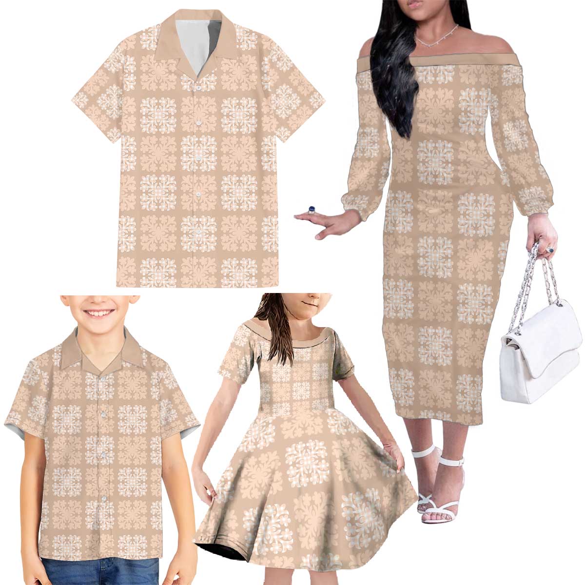 Beige Palaka Quilt Hawaii Family Matching Off The Shoulder Long Sleeve Dress and Hawaiian Shirt Traditional Hawaii-plaid Pattern - Polynesian Pride