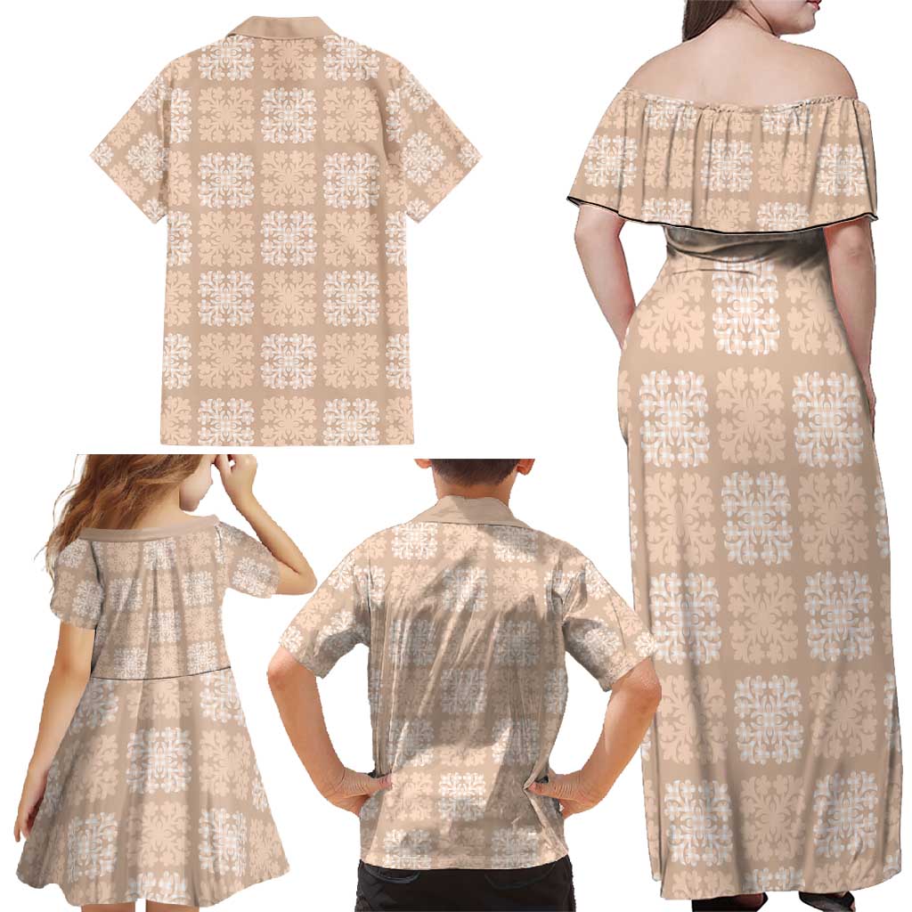 Beige Palaka Quilt Hawaii Family Matching Off Shoulder Maxi Dress and Hawaiian Shirt Traditional Hawaii-plaid Pattern - Polynesian Pride