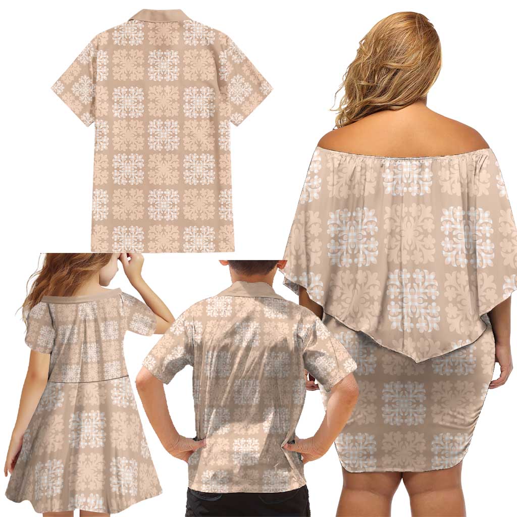 Beige Palaka Quilt Hawaii Family Matching Off Shoulder Short Dress and Hawaiian Shirt Traditional Hawaii-plaid Pattern - Polynesian Pride