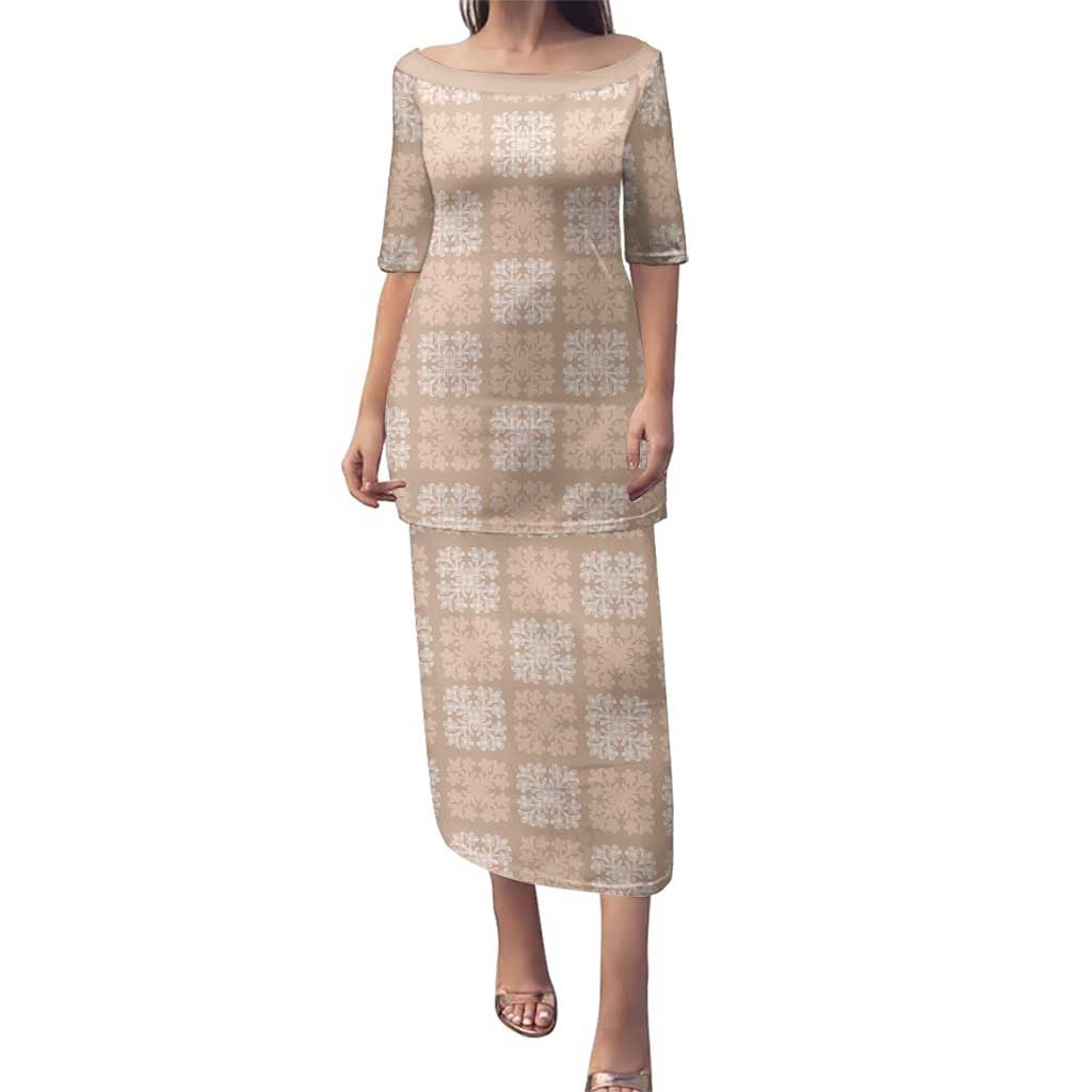 Beige Palaka Quilt Hawaii Family Matching Puletasi and Hawaiian Shirt Traditional Hawaii-plaid Pattern - Polynesian Pride