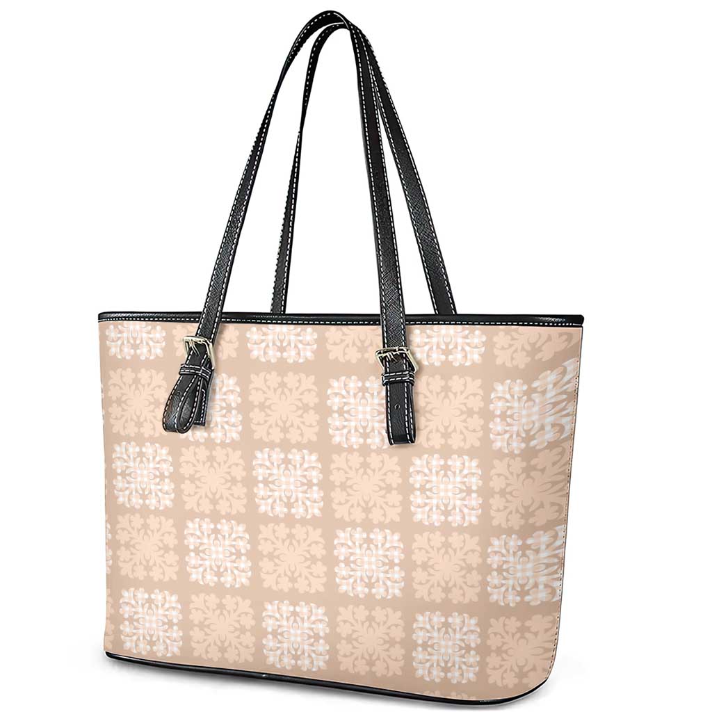Beige Palaka Quilt Hawaii Leather Tote Bag Traditional Hawaii-plaid Pattern - Polynesian Pride