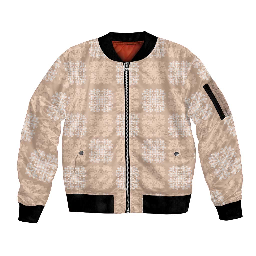 Beige Palaka Quilt Hawaii Sleeve Zip Bomber Jacket Traditional Hawaii-plaid Pattern - Polynesian Pride
